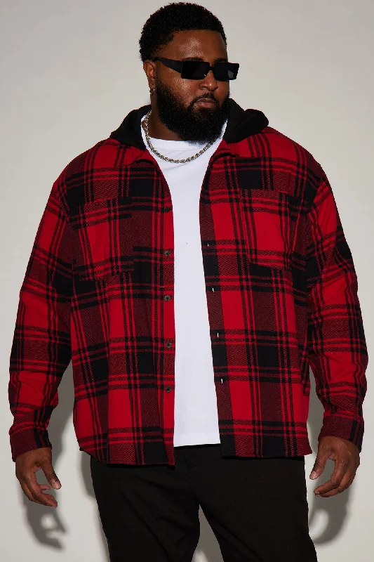 Time Gon Tell Hooded Oversized Shacket - Red/Black