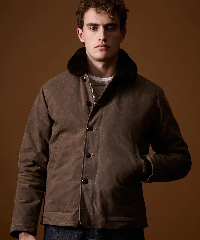 Todd Snyder x Dehen N1 Waxed Cotton Shearling Jacket in Dark Mocha