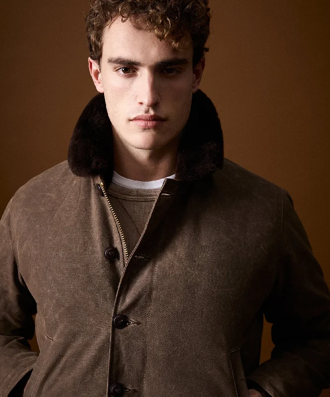 Todd Snyder x Dehen N1 Waxed Cotton Shearling Jacket in Dark Mocha