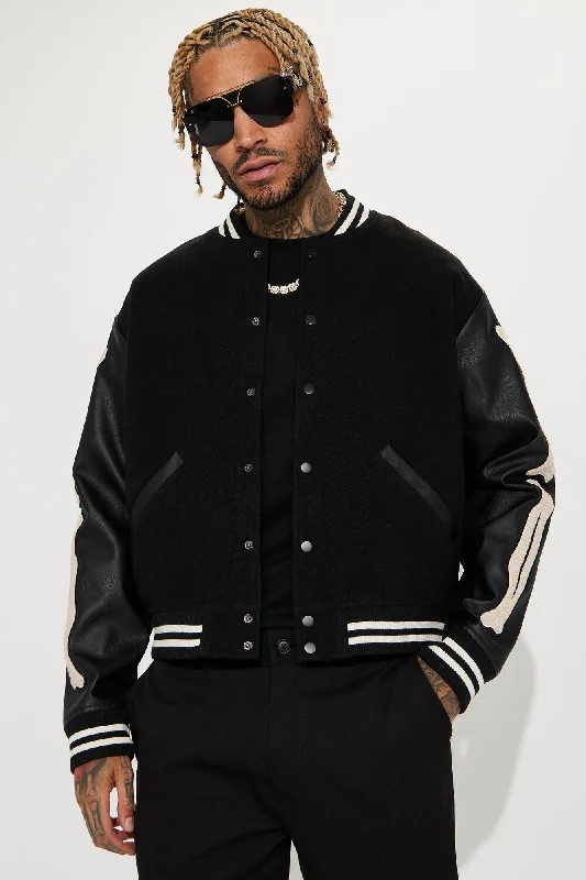 Bone Applique Varsity Bomber Jacket - Black