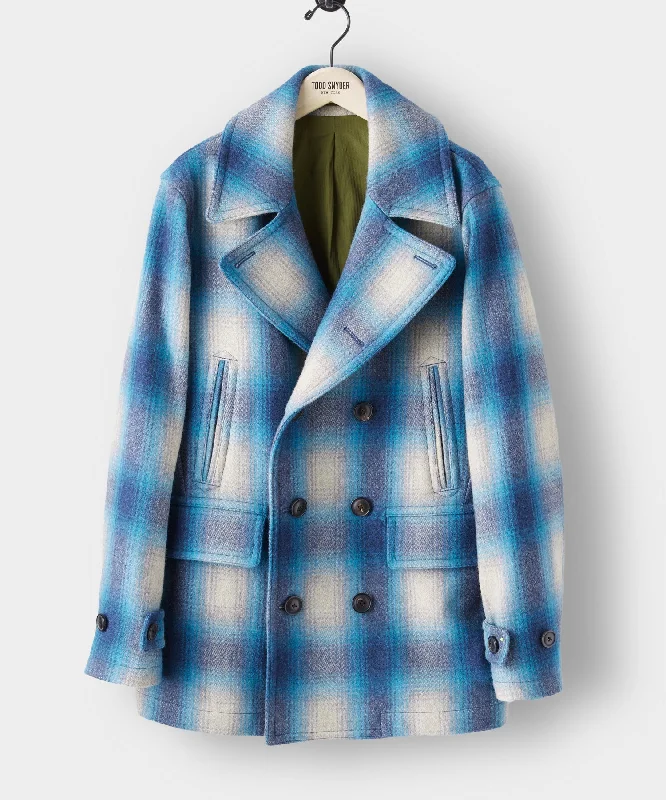 Italian Wool Peacoat in Vintage Blue Plaid