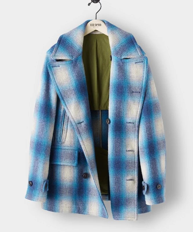 Italian Wool Peacoat in Vintage Blue Plaid